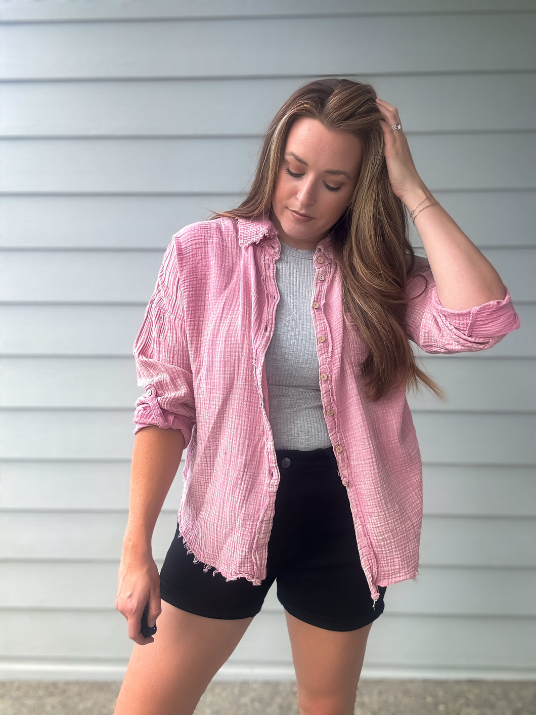 Cotton Gauze Button Down in Peony