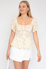 Load image into Gallery viewer, S/S Button Down Back Smocking Ditsy Print Top
