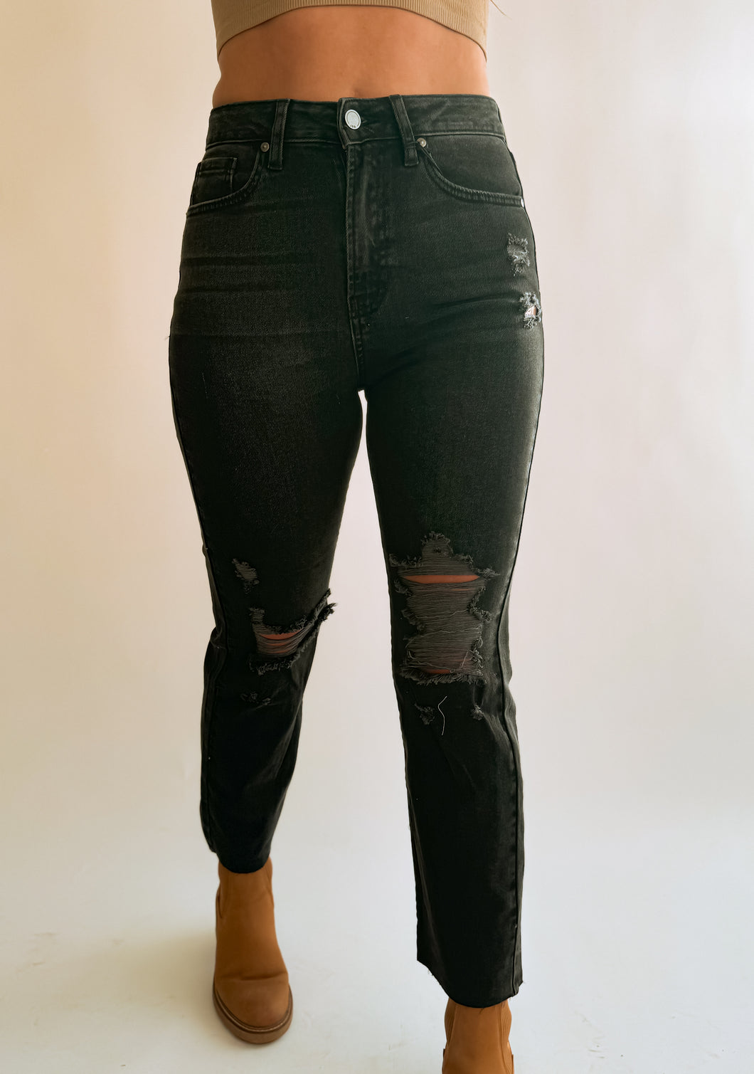 Khloe Distressed Black Straight Leg Denim