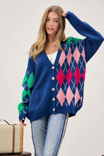 Load image into Gallery viewer, Plush Argyle Button Front Loose Fit Knit Cardigan
