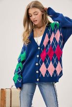 Load image into Gallery viewer, Plush Argyle Button Front Loose Fit Knit Cardigan
