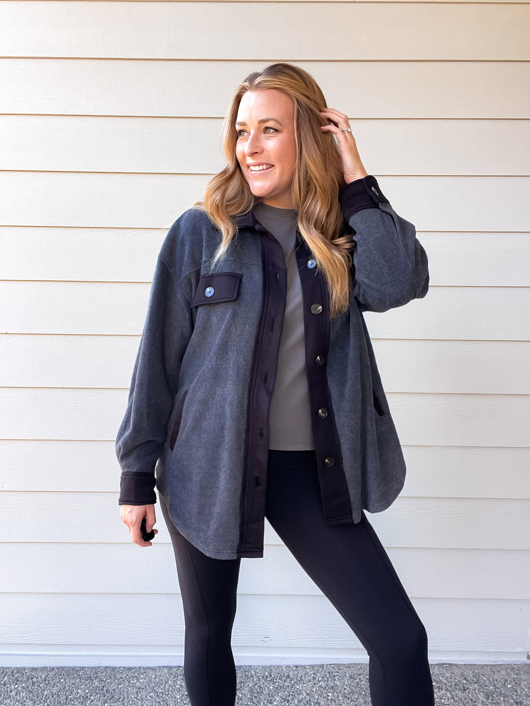 Maxine Button Down Fleece Jacket in Charcoal