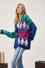 Load image into Gallery viewer, Plush Argyle Button Front Loose Fit Knit Cardigan
