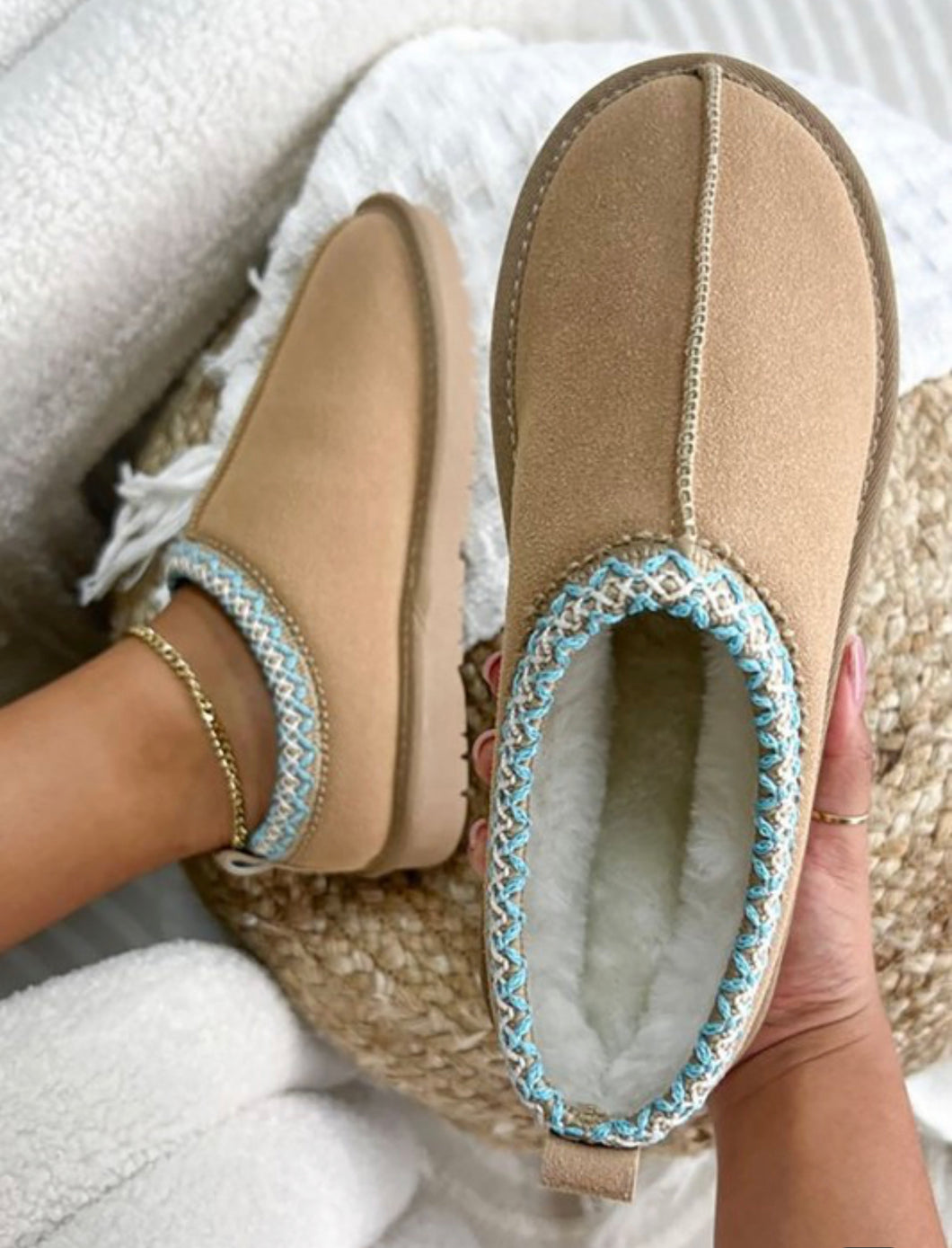 Faux Suede Slippers in Camel