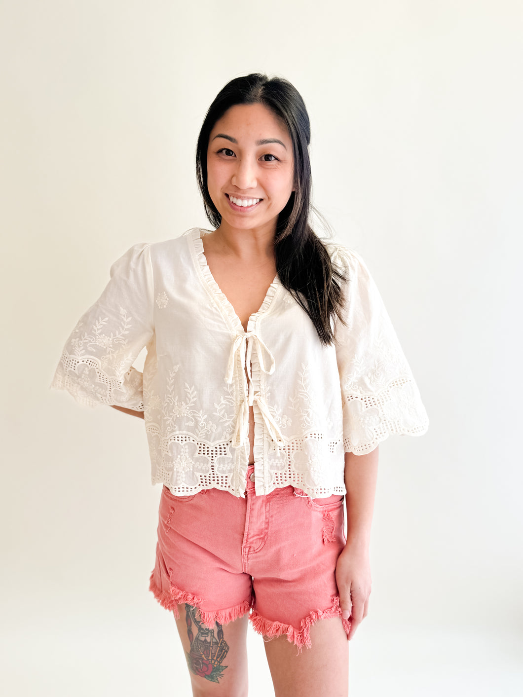 Floral Embroidery Tie Front Blouse