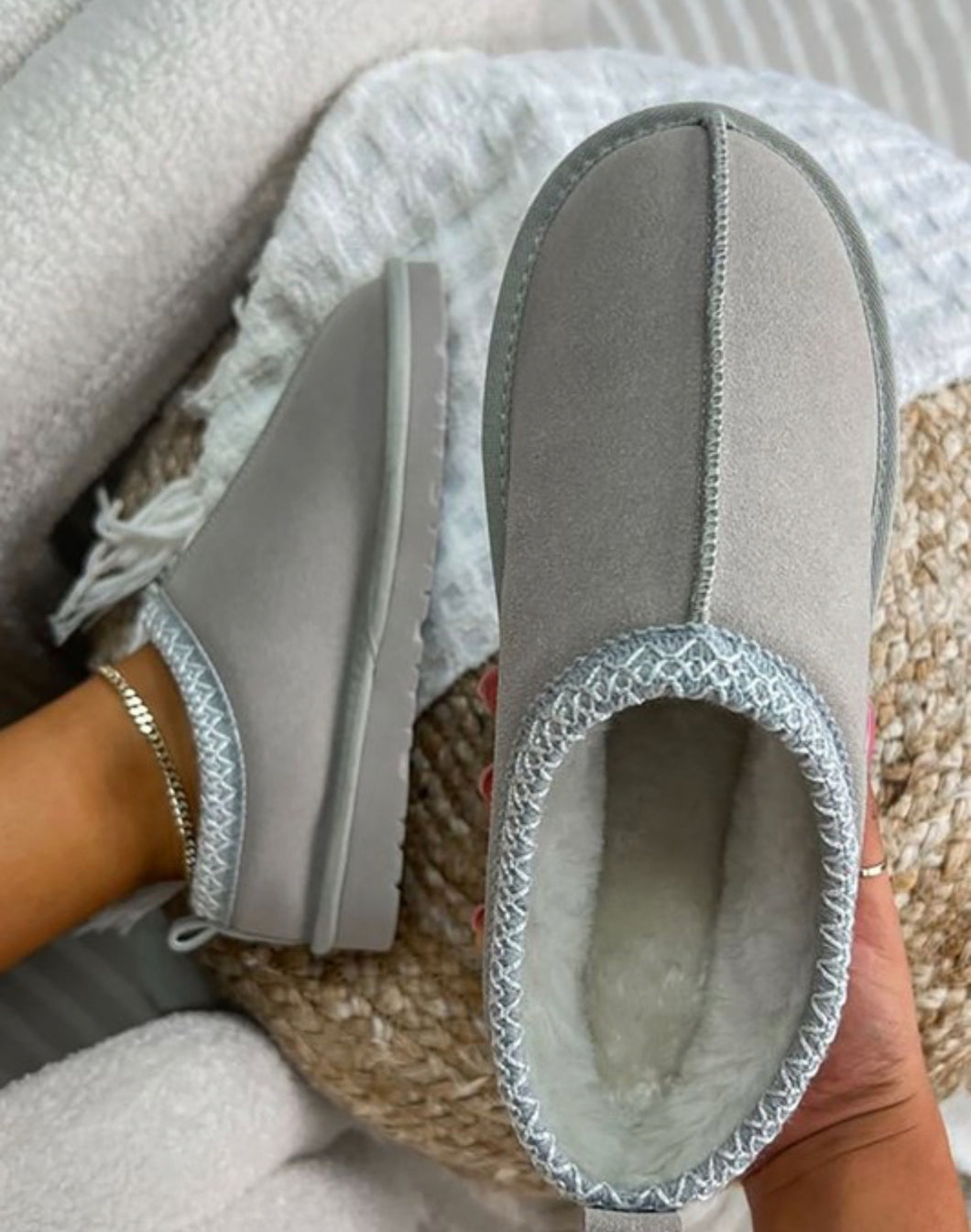 Faux Suede Slippers in Grey
