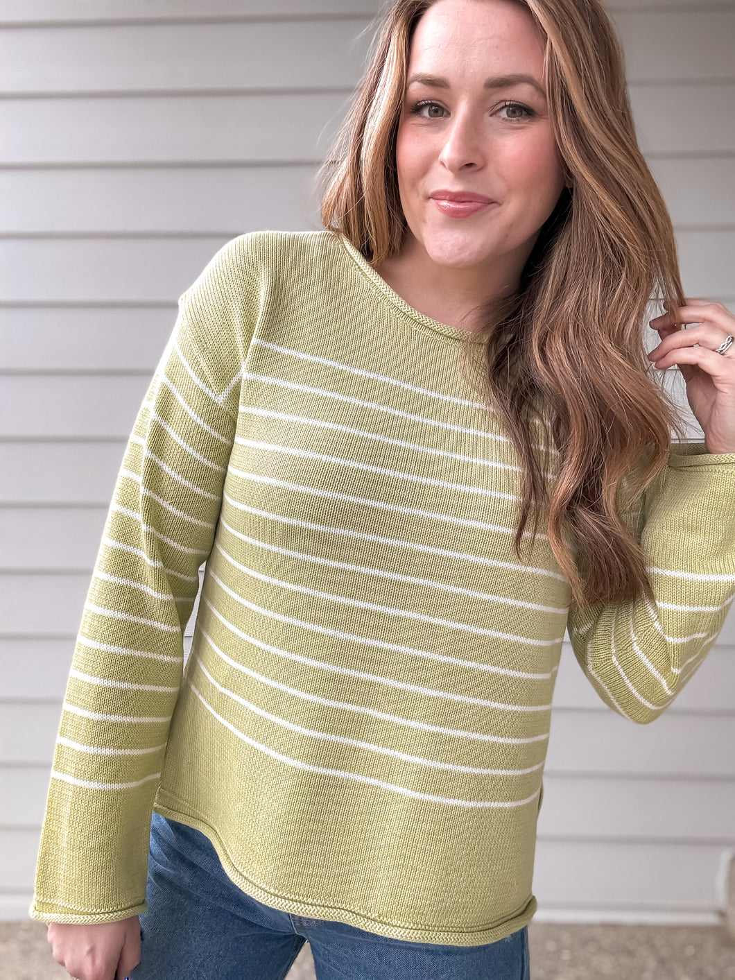 Spring Green Rolled Trim Sweater