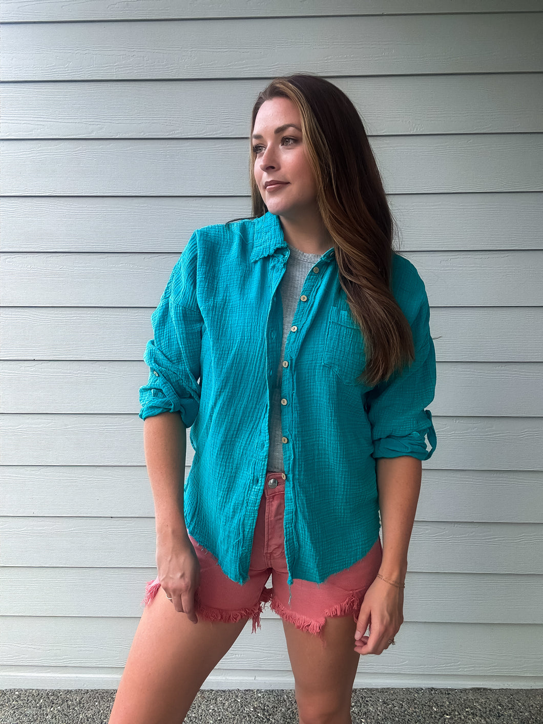 Cotton Gauze Button Down in Teal