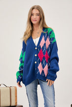 Load image into Gallery viewer, Plush Argyle Button Front Loose Fit Knit Cardigan
