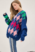 Load image into Gallery viewer, Plush Argyle Button Front Loose Fit Knit Cardigan
