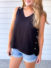 Load image into Gallery viewer, Sara Button Side Linen Tank in Black
